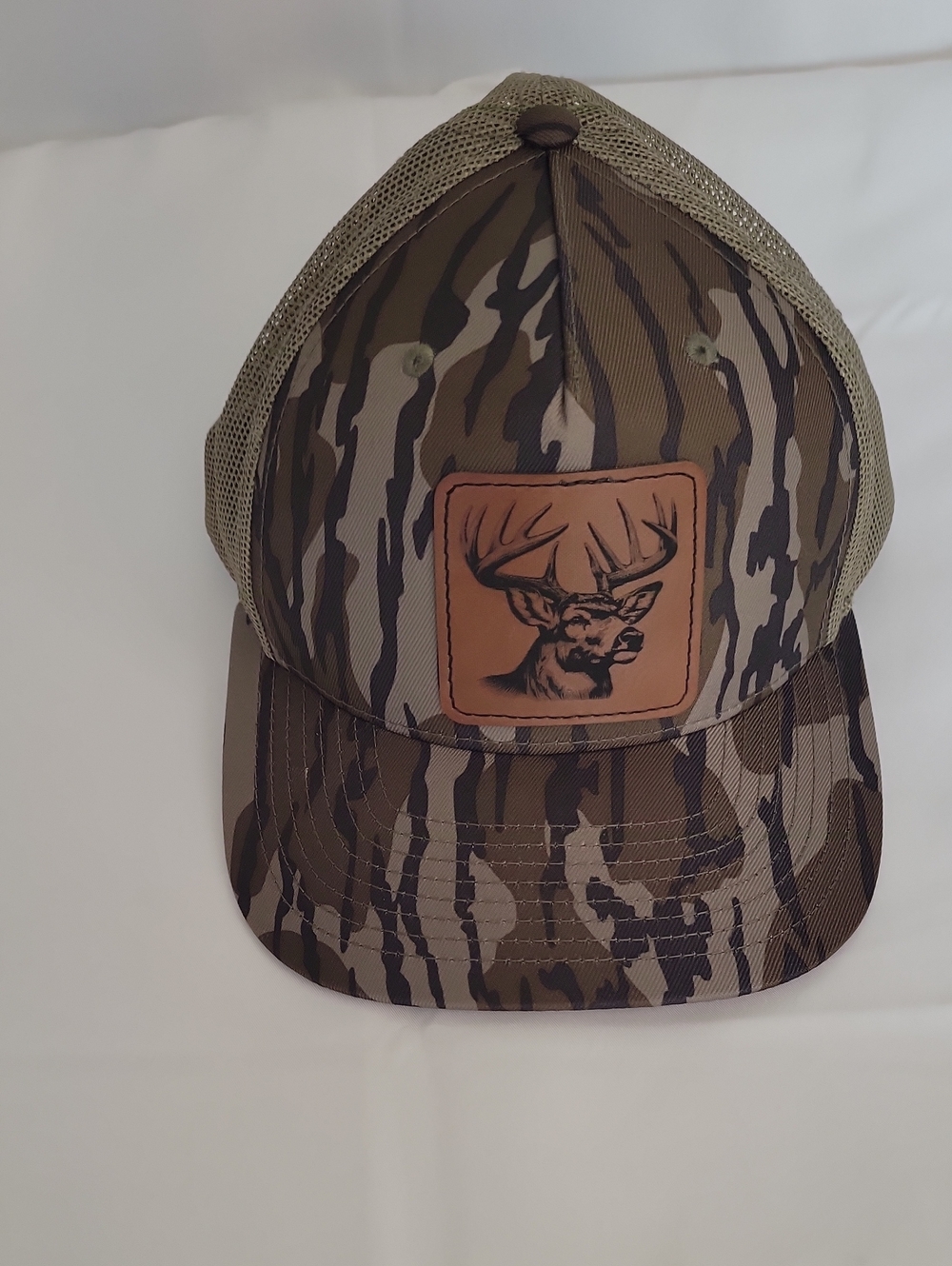 Camo Trucker Hat with Deer Patch - Olive/Brown